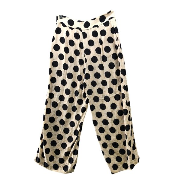 Zara Wide Leg Crop Satin Pants Womens M High Rise Beige Black Polka Dot Culotte - Picture 2 of 10